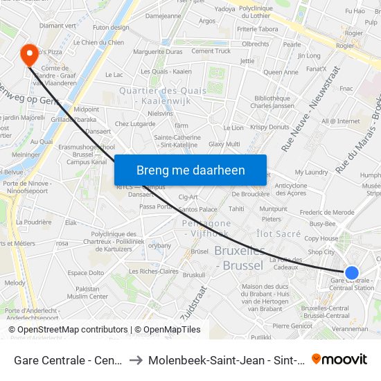 Gare Centrale - Centraal Station to Molenbeek-Saint-Jean - Sint-Jans-Molenbeek map