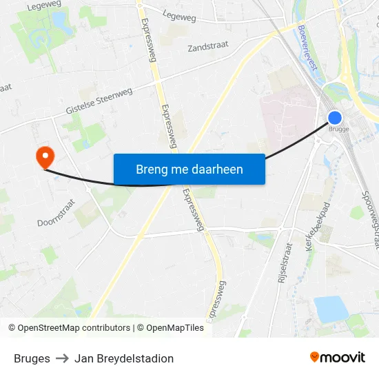 Bruges to Jan Breydelstadion map