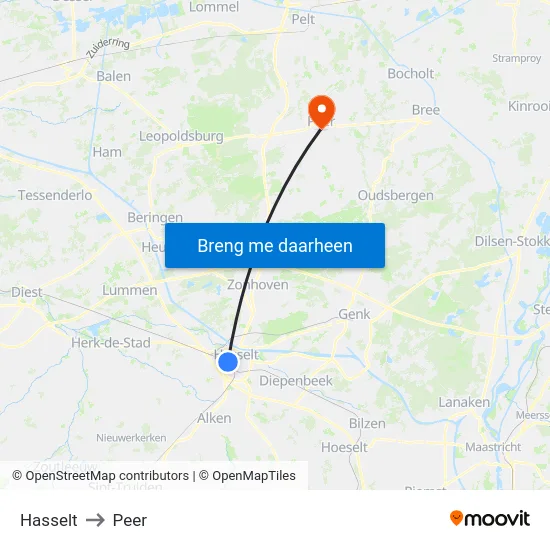 Hasselt to Peer map