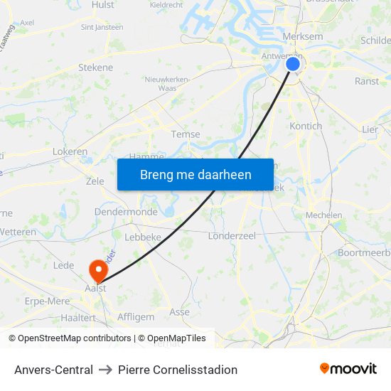 Anvers-Central to Pierre Cornelisstadion map