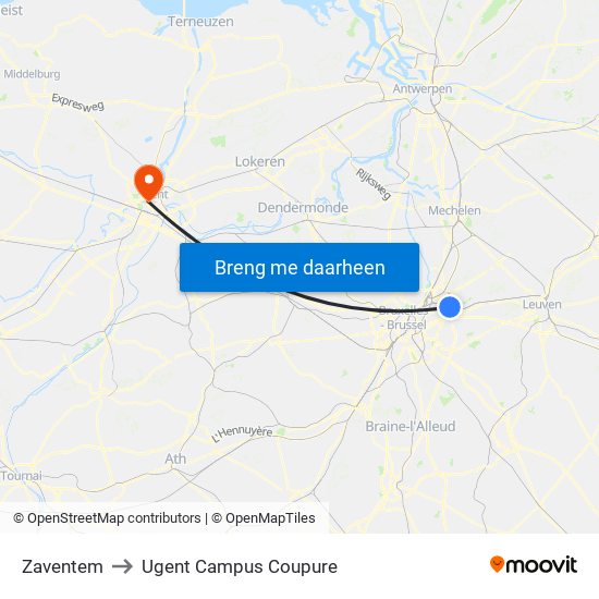 Zaventem to Ugent Campus Coupure map