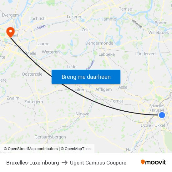 Bruxelles-Luxembourg to Ugent Campus Coupure map