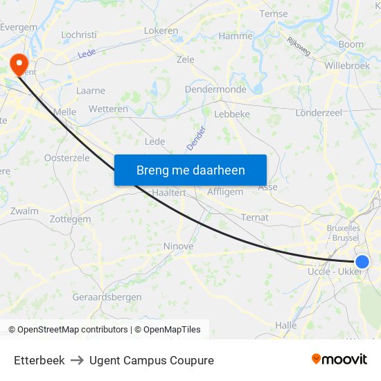 Etterbeek to Ugent Campus Coupure map