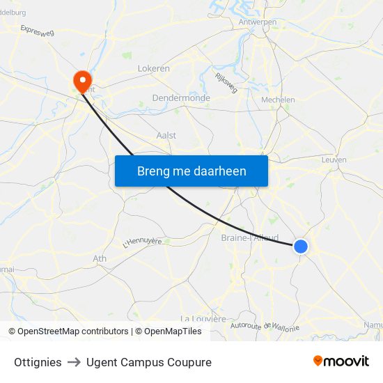 Ottignies to Ugent Campus Coupure map