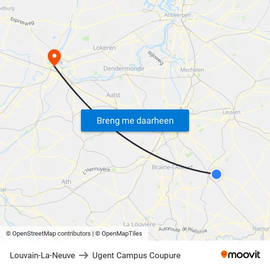 Louvain-La-Neuve to Ugent Campus Coupure map