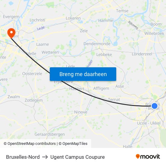 Bruxelles-Nord to Ugent Campus Coupure map