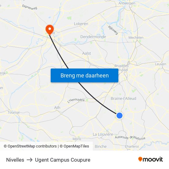 Nivelles to Ugent Campus Coupure map