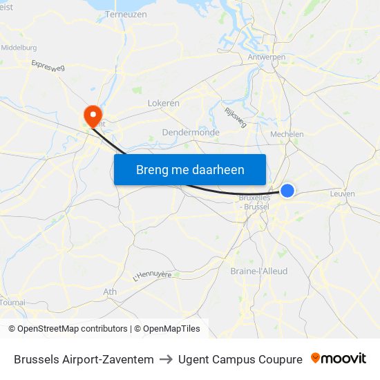Brussels Airport-Zaventem to Ugent Campus Coupure map