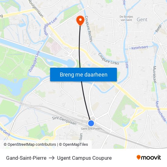 Gand-Saint-Pierre to Ugent Campus Coupure map