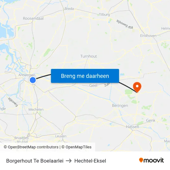 Borgerhout Te Boelaarlei to Hechtel-Eksel map
