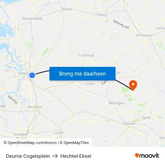 Deurne Cogelsplein to Hechtel-Eksel map