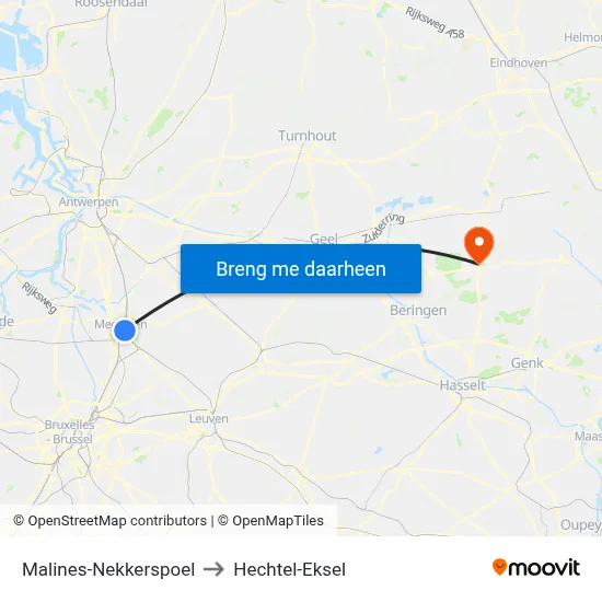 Malines-Nekkerspoel to Hechtel-Eksel map