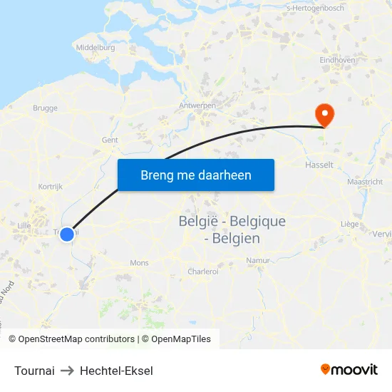 Tournai to Hechtel-Eksel map