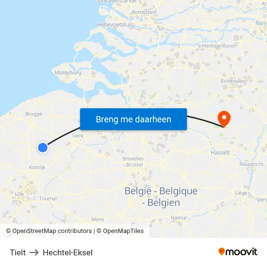 Tielt to Hechtel-Eksel map