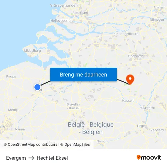 Evergem to Hechtel-Eksel map