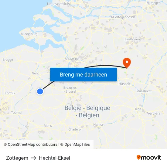 Zottegem to Hechtel-Eksel map