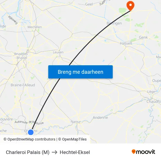 Charleroi Palais (M) to Hechtel-Eksel map