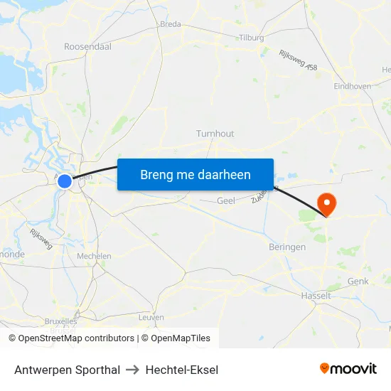 Antwerpen Sporthal to Hechtel-Eksel map