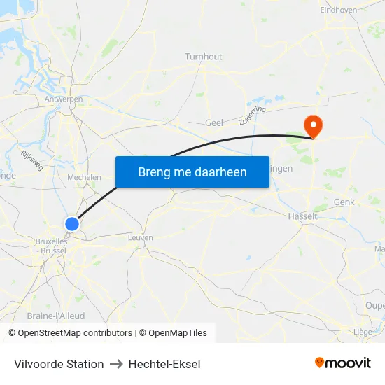 Vilvoorde Station to Hechtel-Eksel map