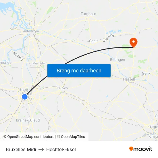 Bruxelles Midi to Hechtel-Eksel map
