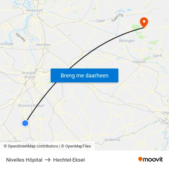 Nivelles Hôpital to Hechtel-Eksel map