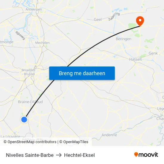 Nivelles Sainte-Barbe to Hechtel-Eksel map