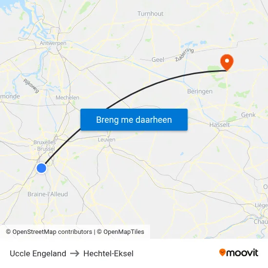 Uccle Engeland to Hechtel-Eksel map