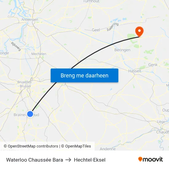 Waterloo Chaussée Bara to Hechtel-Eksel map