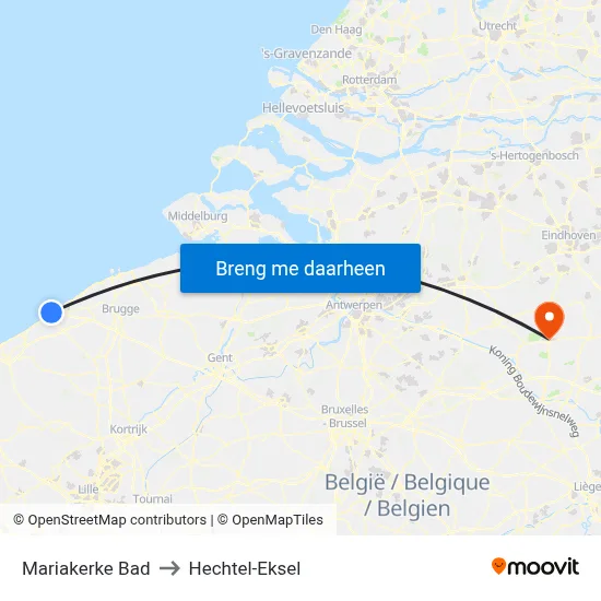 Mariakerke Bad to Hechtel-Eksel map