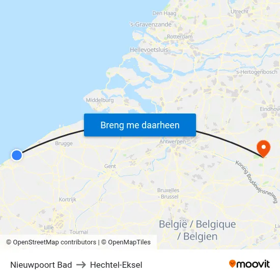 Nieuwpoort Bad to Hechtel-Eksel map