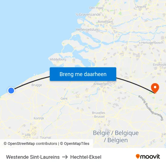 Westende Sint-Laureins to Hechtel-Eksel map