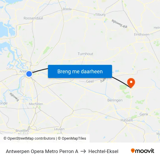Antwerpen Opera Metro Perron A to Hechtel-Eksel map