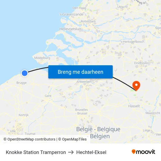 Knokke Station Tramperron to Hechtel-Eksel map