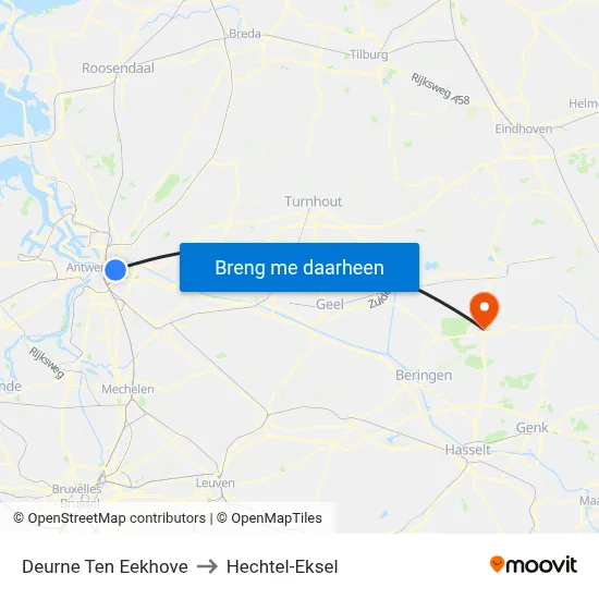 Deurne Ten Eekhove to Hechtel-Eksel map