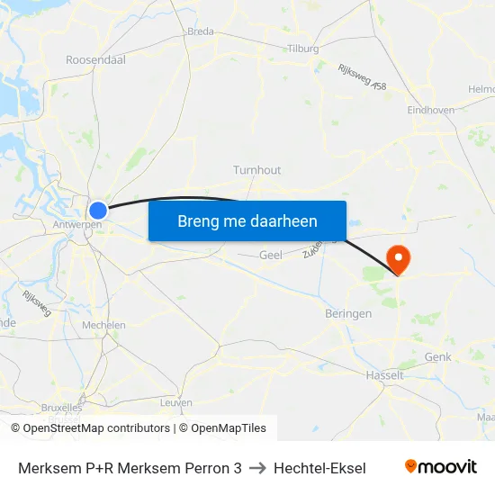 Merksem P+R Merksem Perron 3 to Hechtel-Eksel map