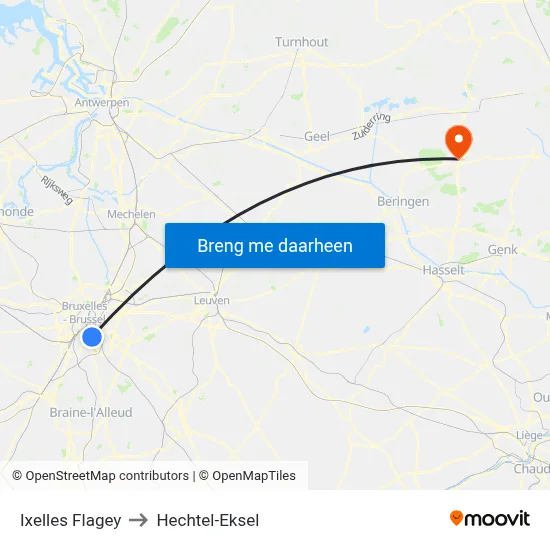 Ixelles Flagey to Hechtel-Eksel map