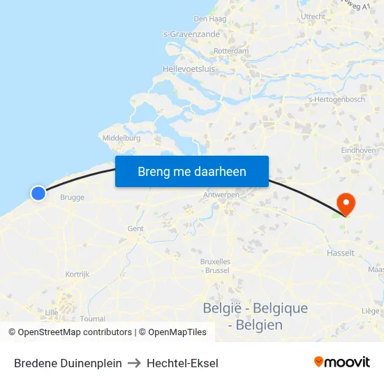 Bredene Duinenplein to Hechtel-Eksel map