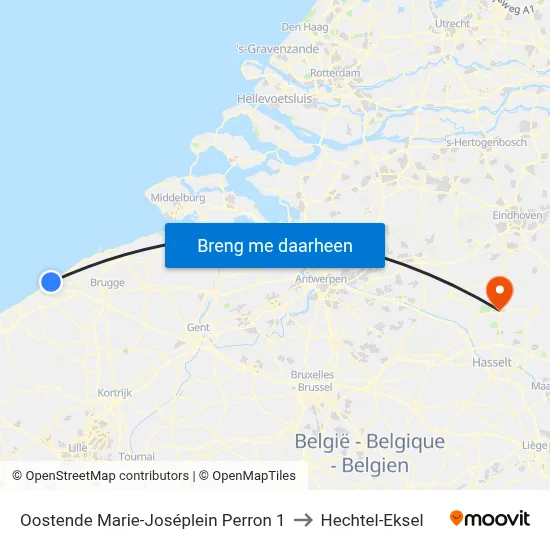 Oostende Marie-Joséplein Perron 1 to Hechtel-Eksel map