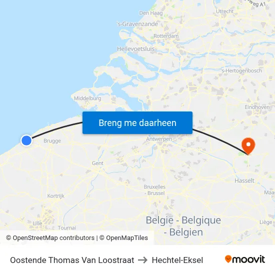 Oostende Thomas Van Loostraat to Hechtel-Eksel map