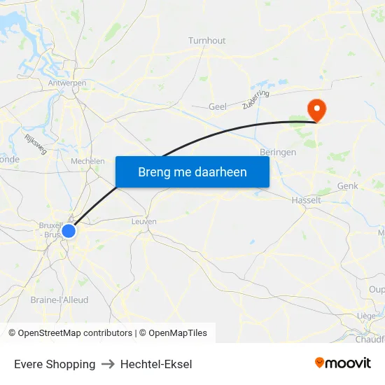 Evere Shopping to Hechtel-Eksel map