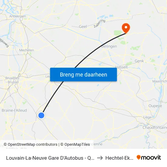 Louvain-La-Neuve Gare D'Autobus - Quai 2 to Hechtel-Eksel map