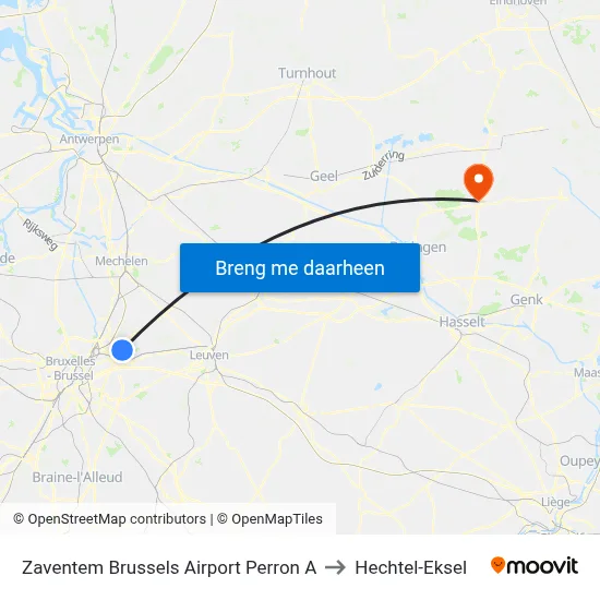 Zaventem Brussels Airport Perron A to Hechtel-Eksel map