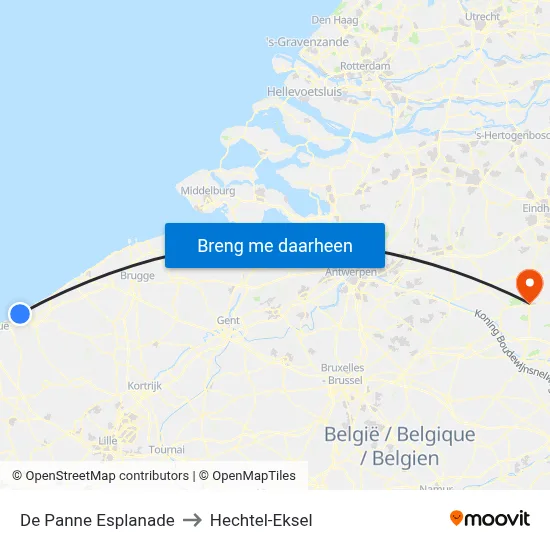 De Panne Esplanade to Hechtel-Eksel map