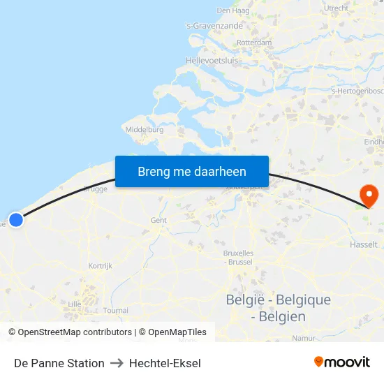 De Panne Station to Hechtel-Eksel map