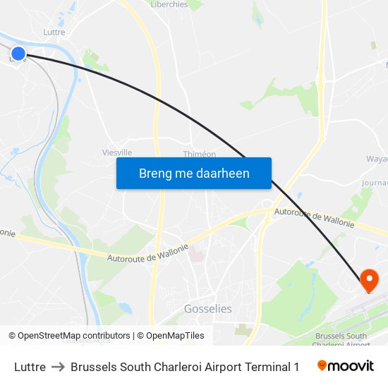 Luttre to Brussels South Charleroi Airport Terminal 1 map