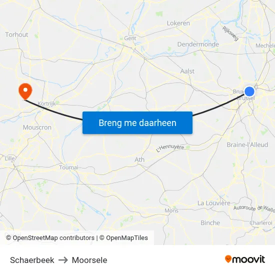 Schaerbeek to Moorsele map