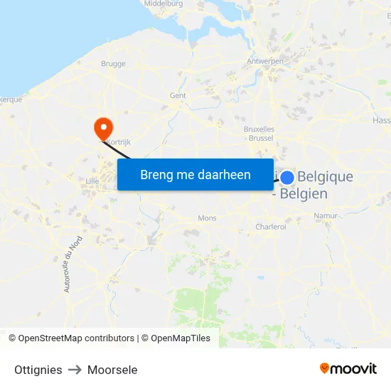 Ottignies to Moorsele map