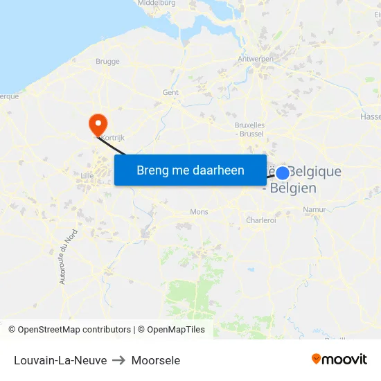 Louvain-La-Neuve to Moorsele map