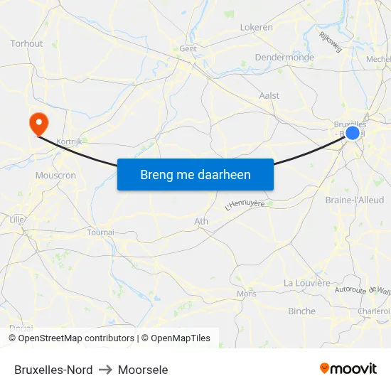 Bruxelles-Nord to Moorsele map