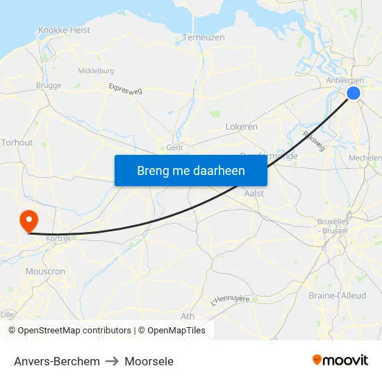 Anvers-Berchem to Moorsele map